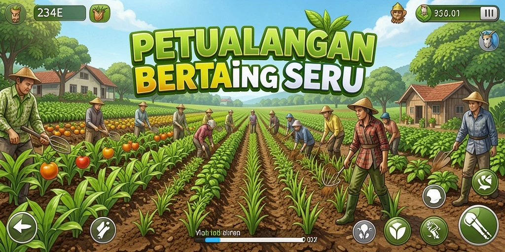 Tampilan gameplay 234E dengan aktivitas bertani yang menarik.