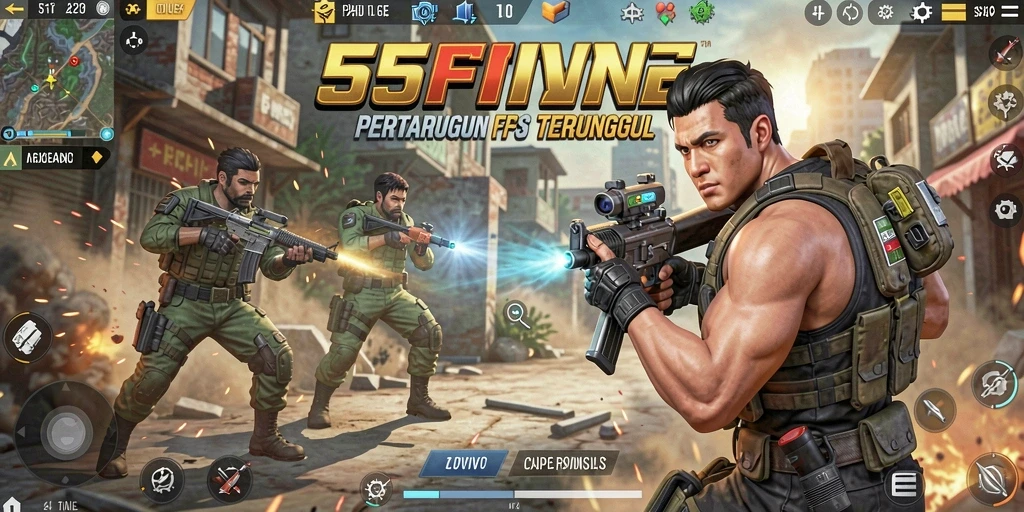 Screenshot menampilkan aksi intens gameplay FPS di 55FIVE.