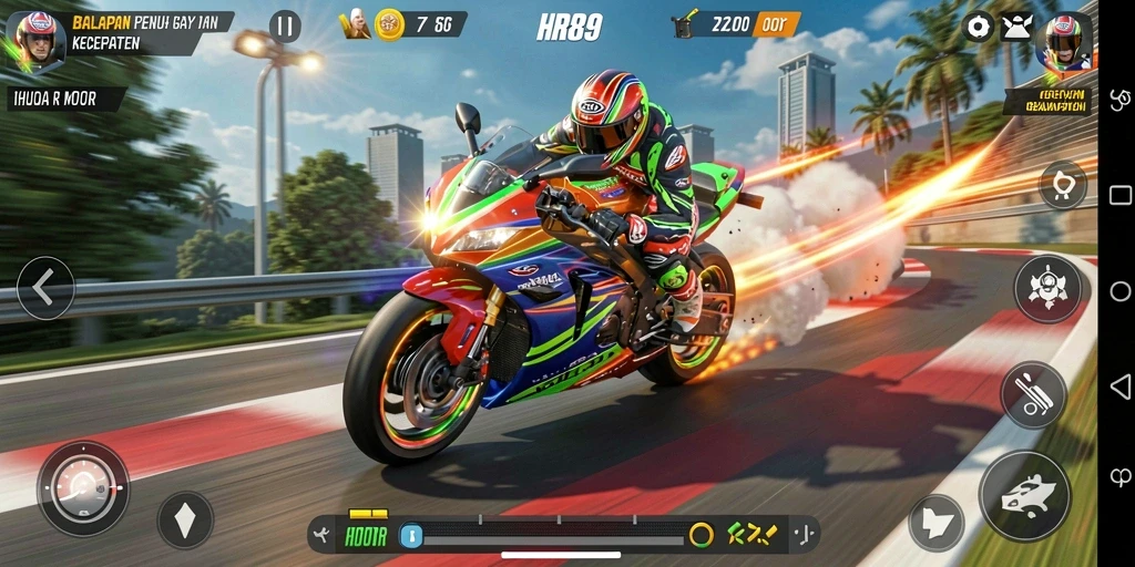 Screenshot gameplay HR89 menunjukkan aksi balapan motor yang intens.