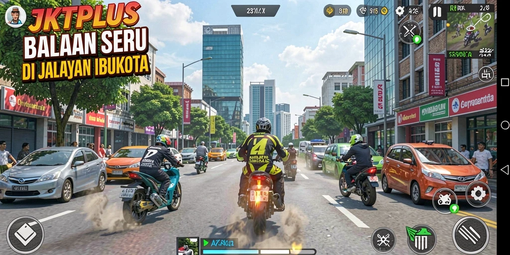 Screenshot utama JKTPLUS menampilkan balapan cepat di jalanan kota Jakarta.