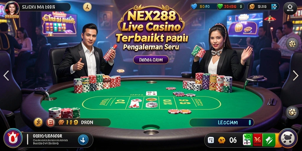 Screenshot gameplay NEX288 menampilkan dealer langsung dan suasana kasino yang nyata.