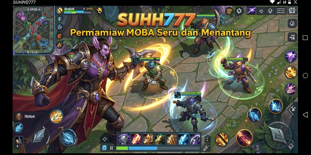 Tampilan gameplay seru dalam game MOBA SUHU777 yang menampilkan strategi tim.